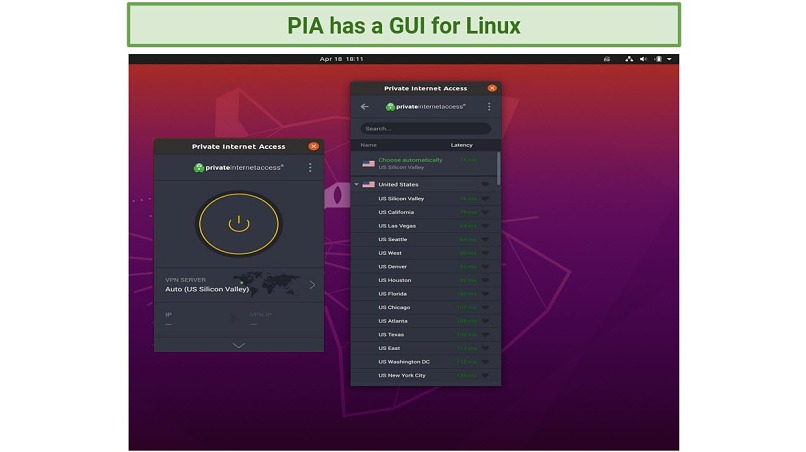 Screenshot of Private Internet Access Graphical User Interface on Linux 