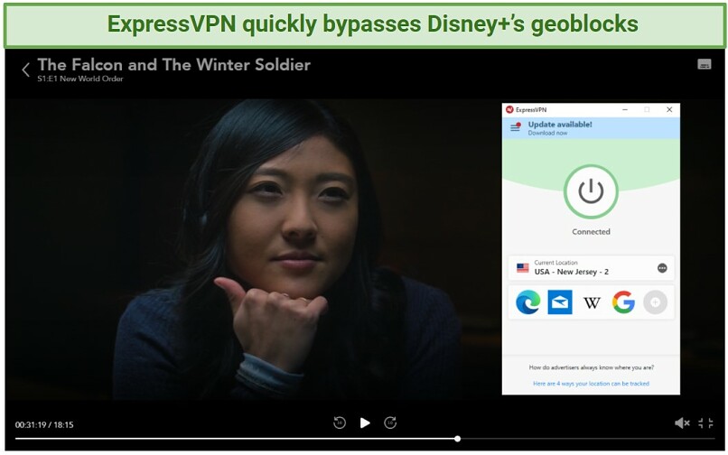 Screenshot of The Falcon and The Winter Soldier streaming on Disney+ player unblocked with ExpressVPN