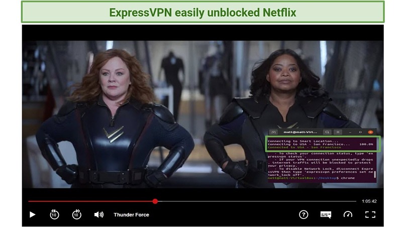 Screenshot of Netflix player streaming ThunderForce unblocked with ExpressVPN's Linux CLI