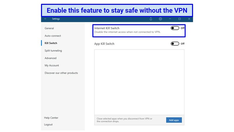 A screenshot of NordVPN's kill switch settings