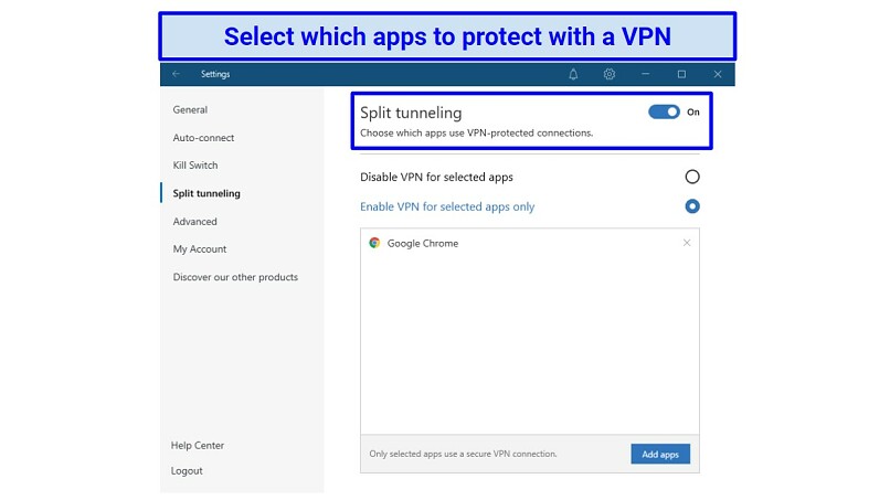 A screenshot of NordVPN's split tunneling settings