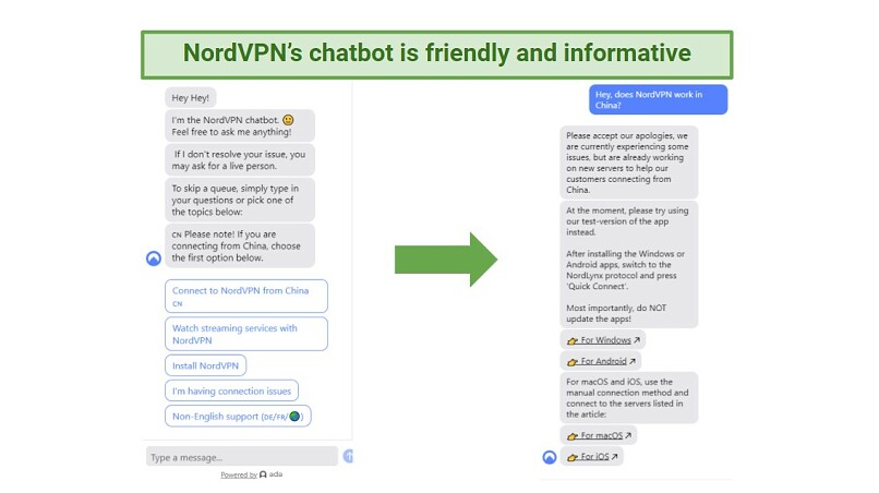 A screenshot of NordVPN's helpful chatbot interface