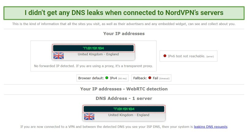 A screenshot of NordVPN's DNS leak tests