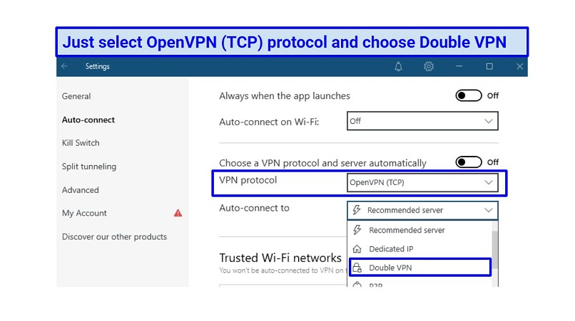 A screenshot of NordVPN's double VPN settings