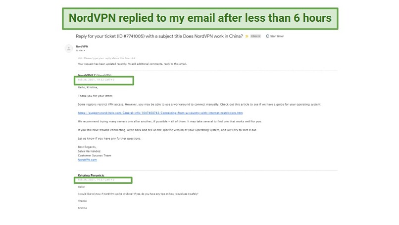 A screenshot of NordVPN's reply after sending a question to customer support