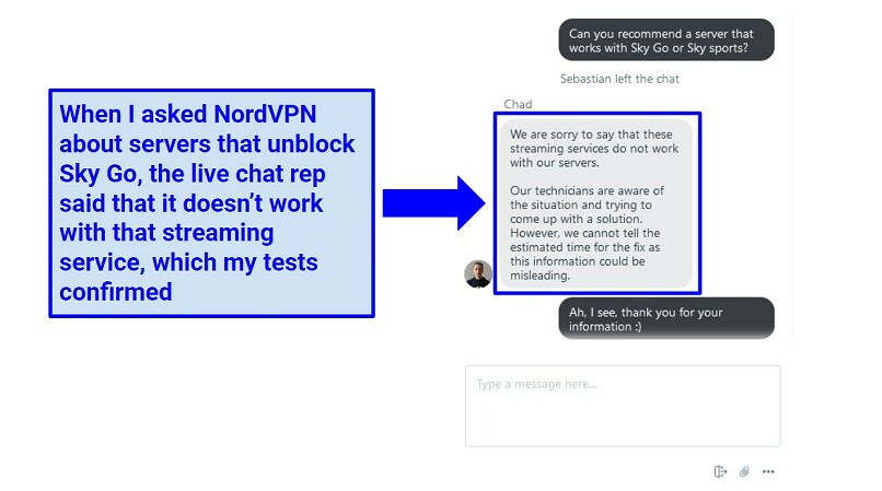 A screenshot of NordVPN live chat rep explaining that NordVPN doesn't work with SkyGO