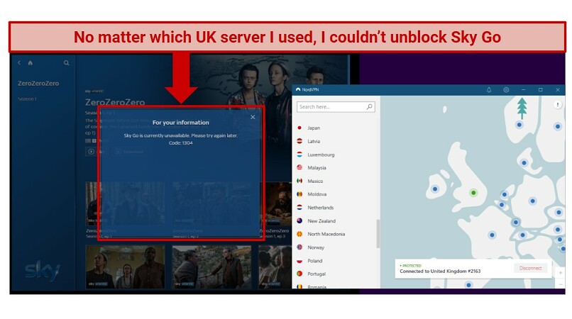 A screenshot of NordVPN not being able to unblock SkyGo