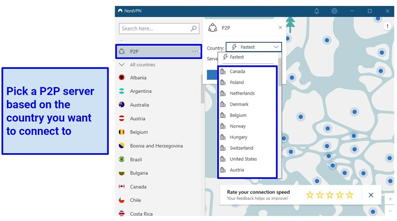 A screenshot of NordVPN's P2P server network