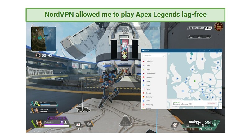 A screenshot of playing Apex Legends with NordVPN