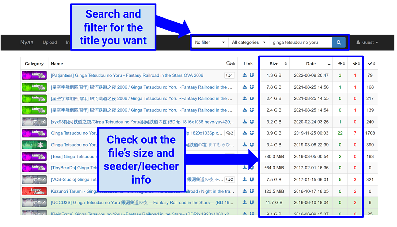 Screenshot showing NYAA.si torrent site searching for public domain anime movie