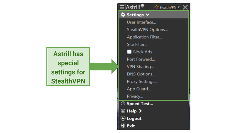 A screenshot showing Astrill's settings for StealthVPN