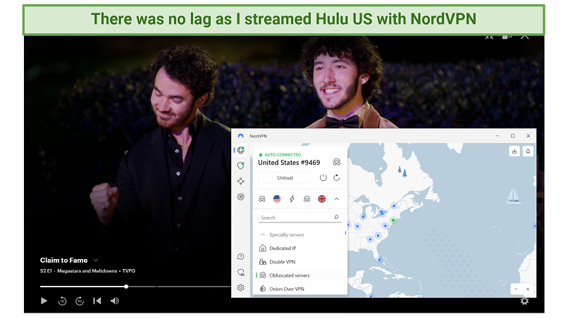 Screenshot of NordVPN unblocking Hulu