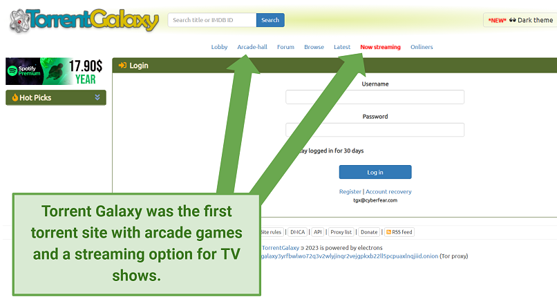 Torrent Galaxy's site displaying different page options, including 'Arcade Hall' and 'Now Streaming'