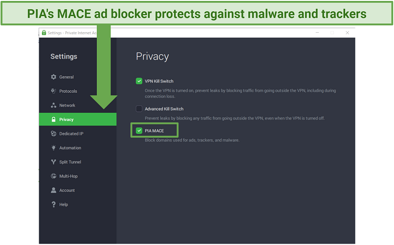 Screenshot of PIA's setting, showing how to activate MACE ad blocker