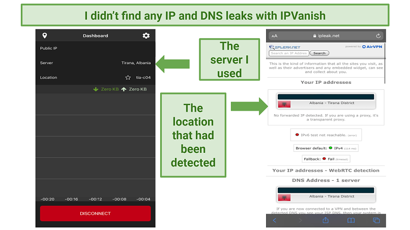 Screenshot of IPVanish's iOS app