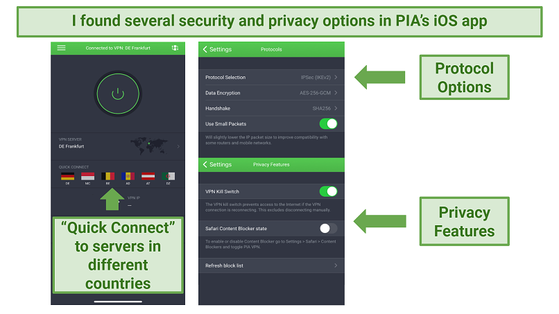 Screenshot of PIA's iOS app