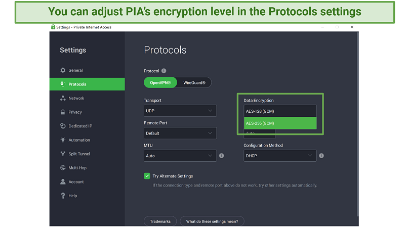 Screenshot of PIA's Windows app showing the protocol settings