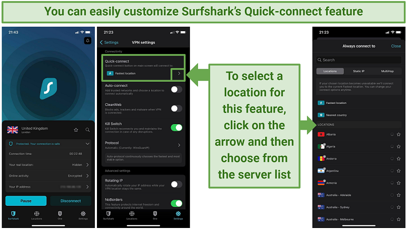 Screenshots of Surfshark's iOS app showing its main screen, the VPN settings menu, the Quick-connect feature, and the server list