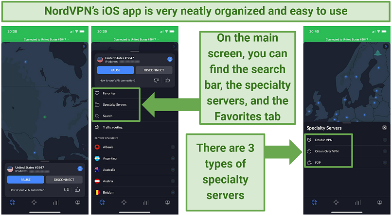 Screenshots of NordVPN's iOS app showing its main screen and the specialty servers