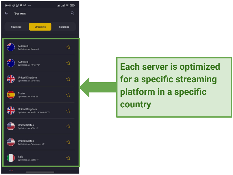 Screenshot of CyberGhost's Android app showing its streaming-optimized servers