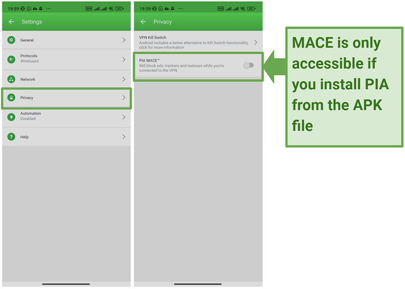 Screenshot of PIA's Andriod app showing the settings tab and the PIA MACE feature