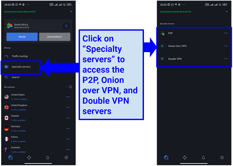 Screenshot of NordVPN's Android app showing its specialty servers and how to access them