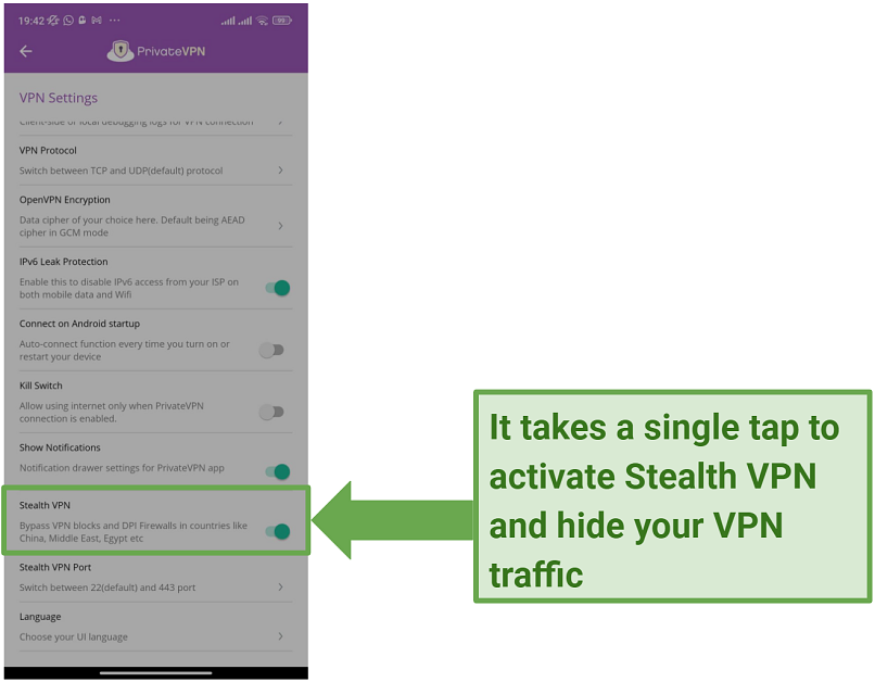 Screenshot of the settings page on the PrivateVPN Android app showing the Stealth VPN feature