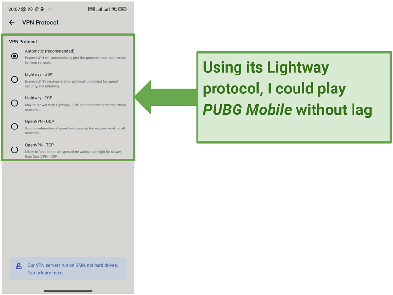 Screenshot of ExpressVPN's Android app displaying various security protocols to choose from