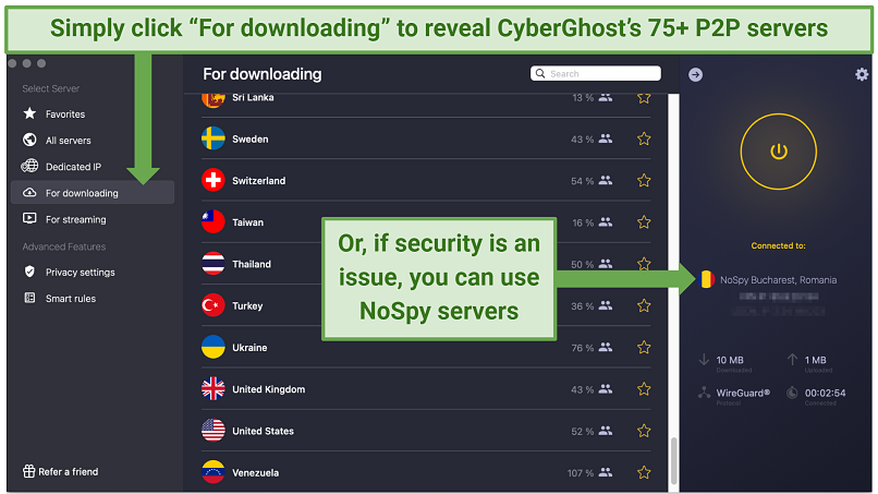 Screenshot showing the CyberGhost app with 