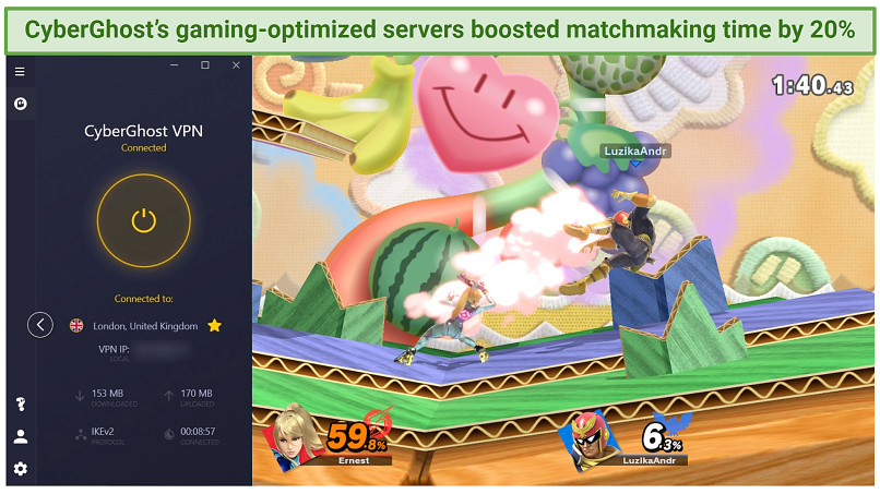 Screenshot of CyberGhost VPN working well with Super Smash Bros. Ultimate