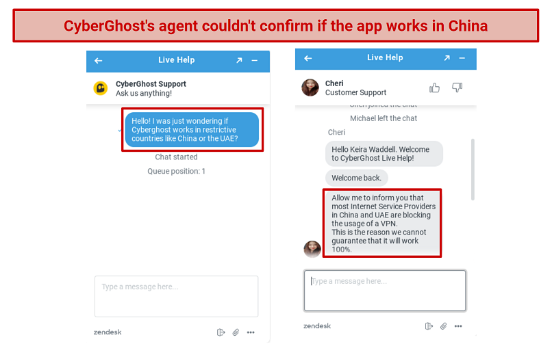 Image of Cyberghost's agent telling me the app may not work in China