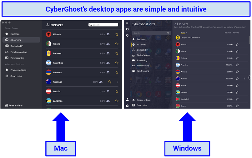 screenshots of the Windows and macOS CyberGhost apps