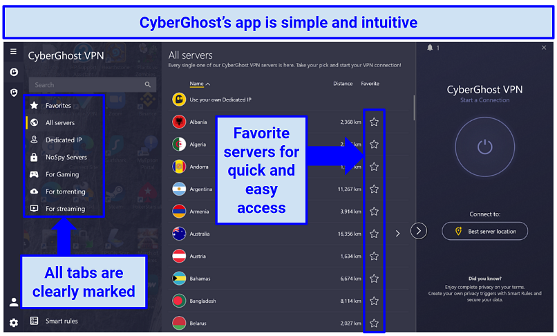 Screenshot showing CyberGhost's app highlighting the menu and how to favorite servers