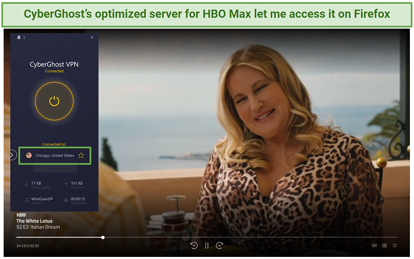 Screenshot of CyberGhost unblocking HBO Max