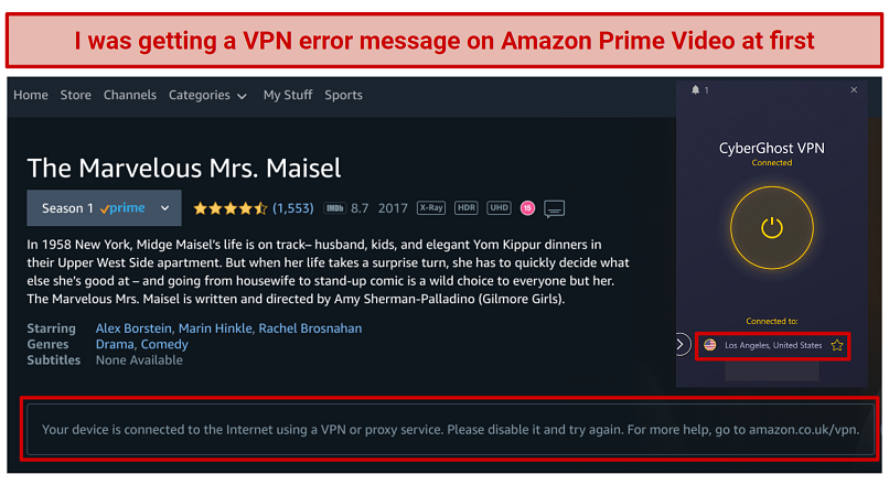 Screenshot showing the Amazon Prime VPN error message with CyberGhost