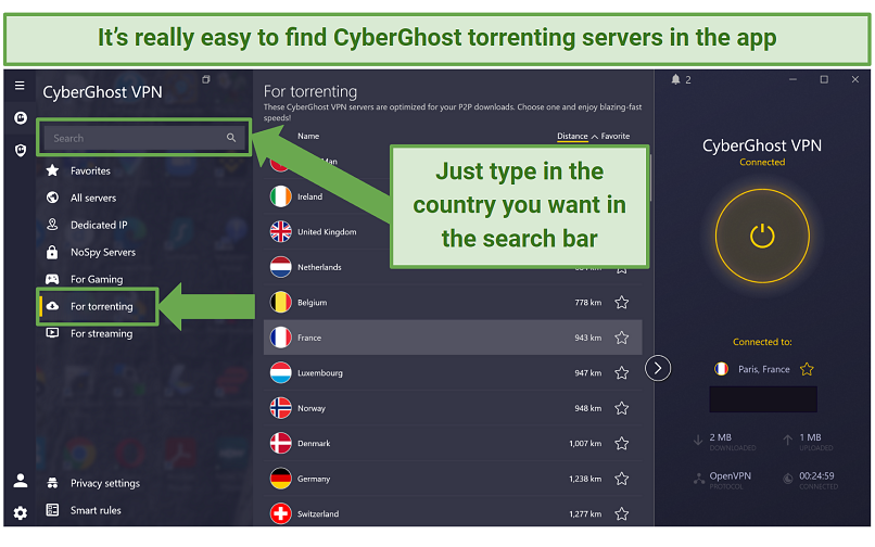 Screenshot of CyberGhost's torrenting-optimized server in the app