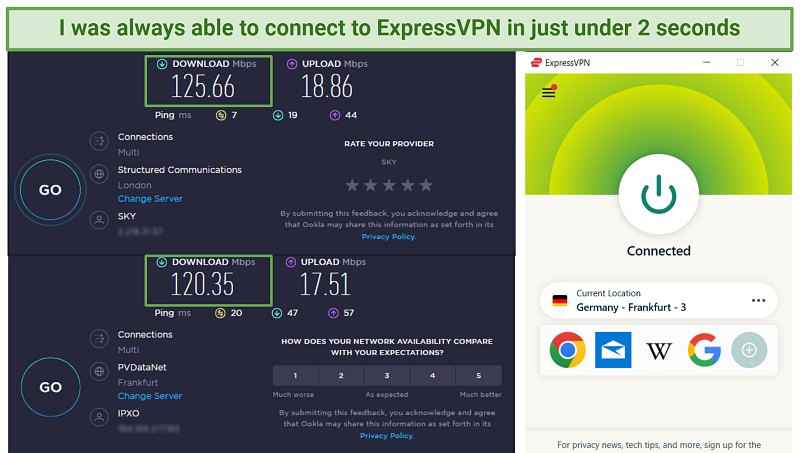 Image showing ExpressVPN speed of ExpressVPN's Frankfurt server in Germany and user base speed in the UK