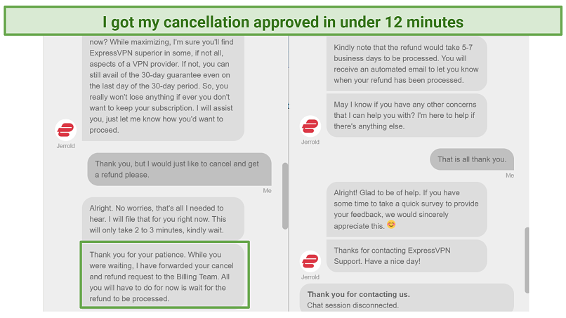 Screenshot of live chat where I requested a refund