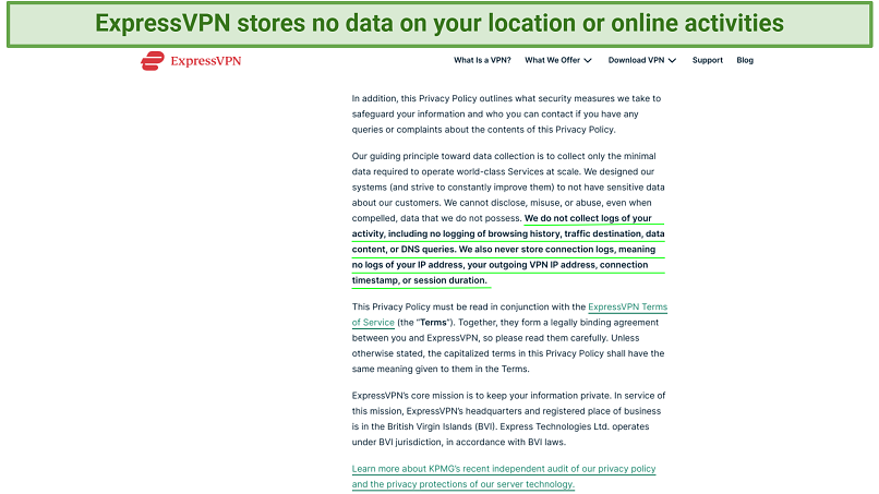 Screenshot of the ExpressVPN privacy policy highlighting what it does not collect