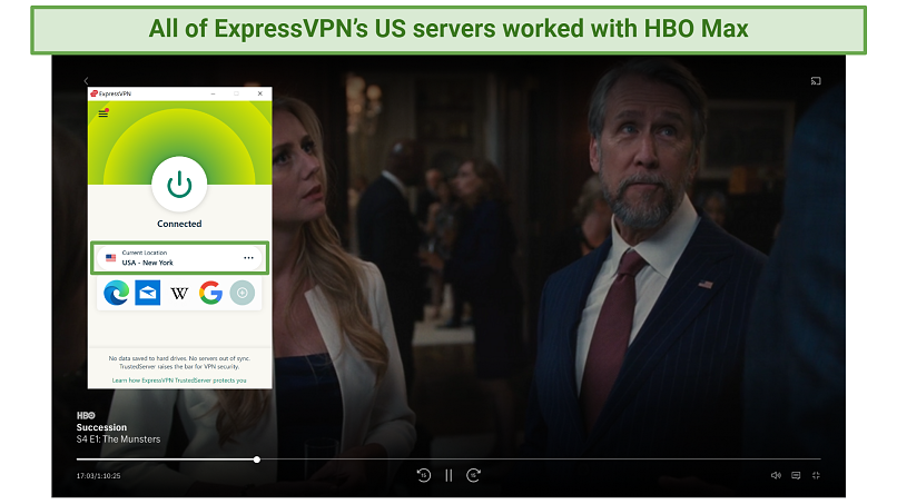 Screenshot of ExpressVPN US servers working to unblock HBO Max