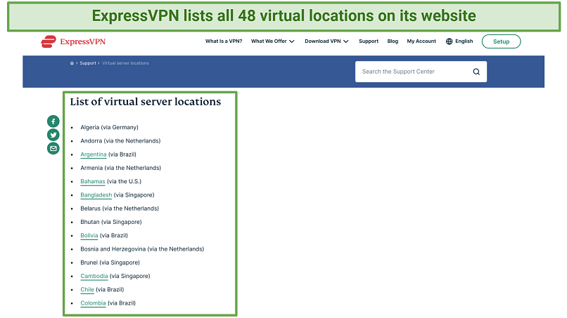 Screenshot of the Virtual server list on ExpressVPN's website