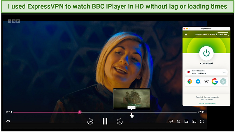 Screenshot of the BBC iPlayer showing Doctor Who with the ExpressVPN app connected to a server in UK — Docklands