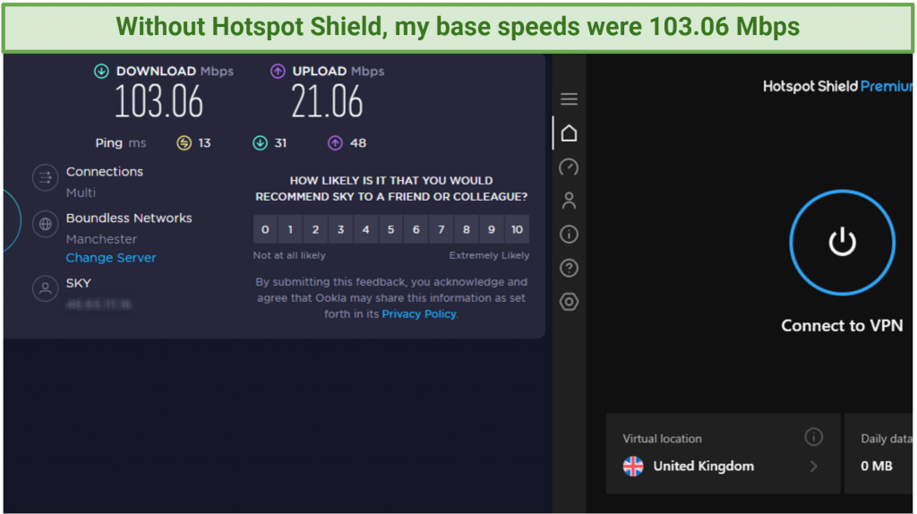 Screenshot showing base speed with Hotspot Shield disconnected