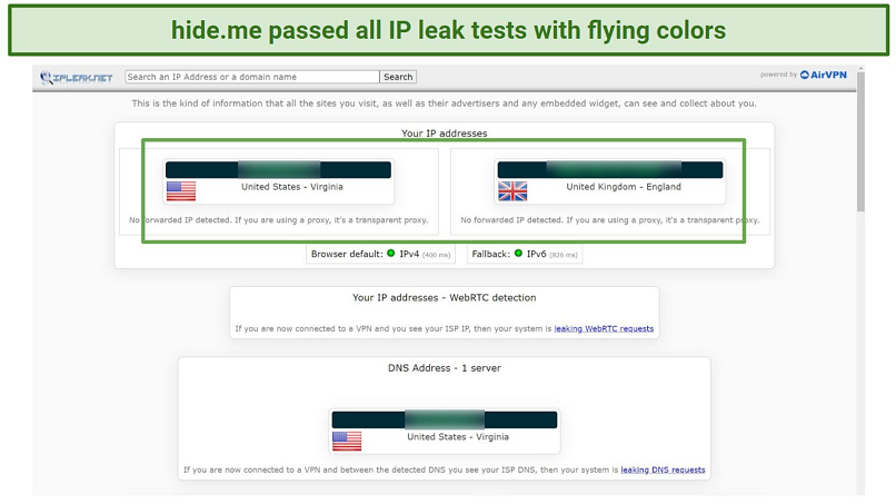 Screenshot of IP leak test