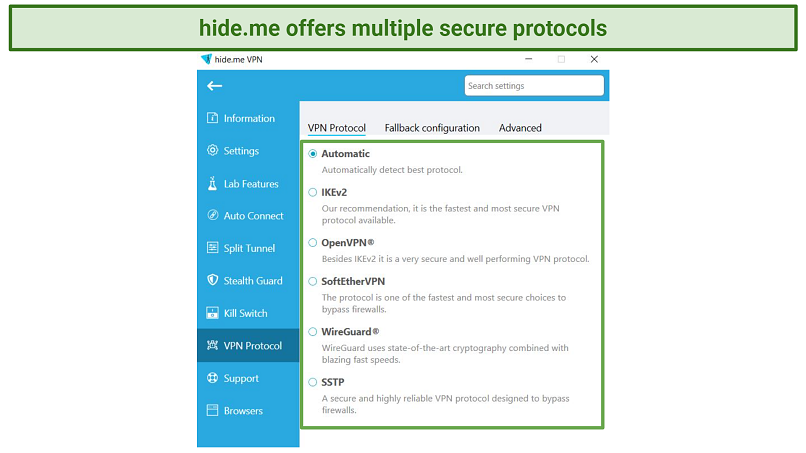 Screenshot of hideme's protocols