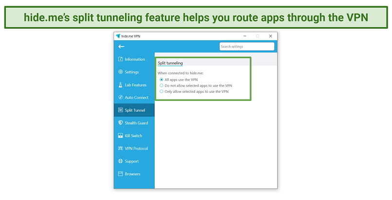 Screenshot of hideme's split tunneling feature