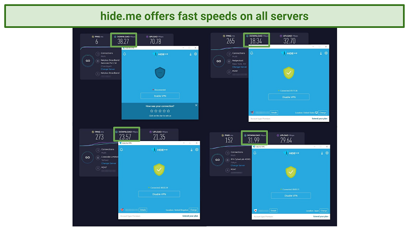 Screenshot of hideme's speed tests