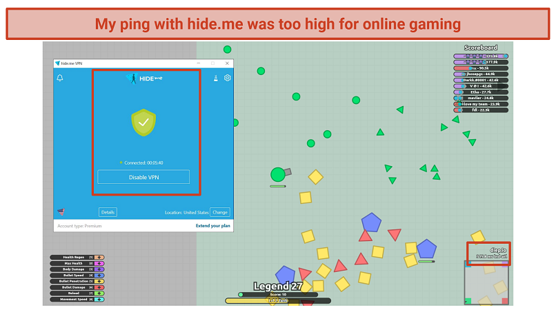 Screenshot of hideme's gaming test