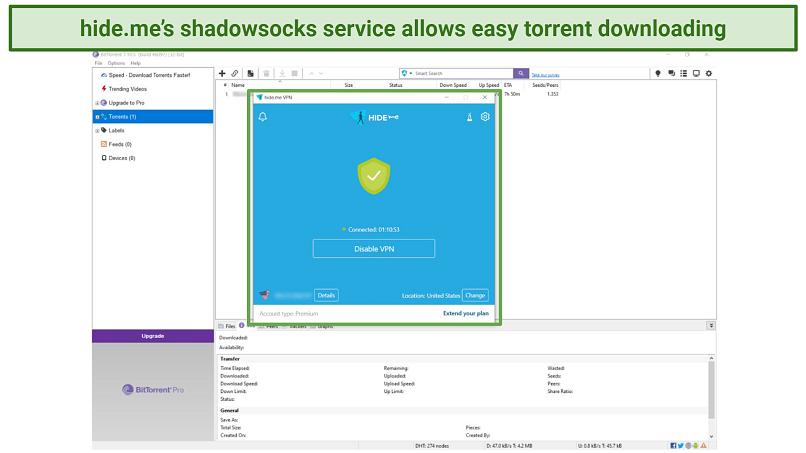 A screenshot of using hideme's specialized SOCKS (shadowsocks) proxy for P2P connections