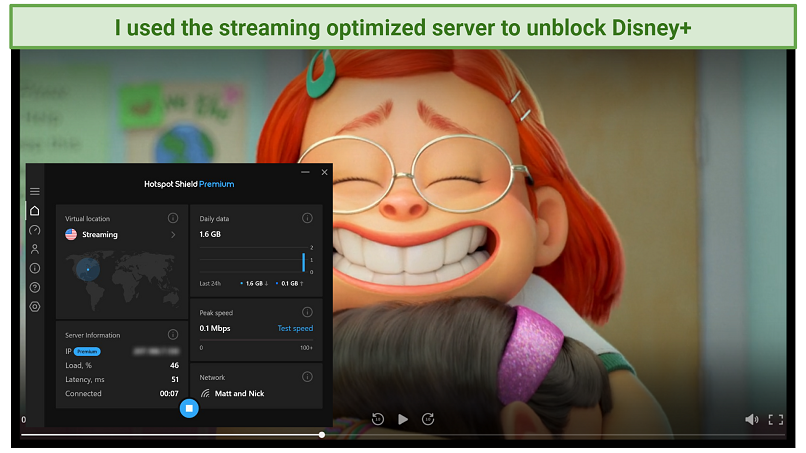 Screenshot of Disney+ player streaming Turning Red while connected to Hotspot Shield